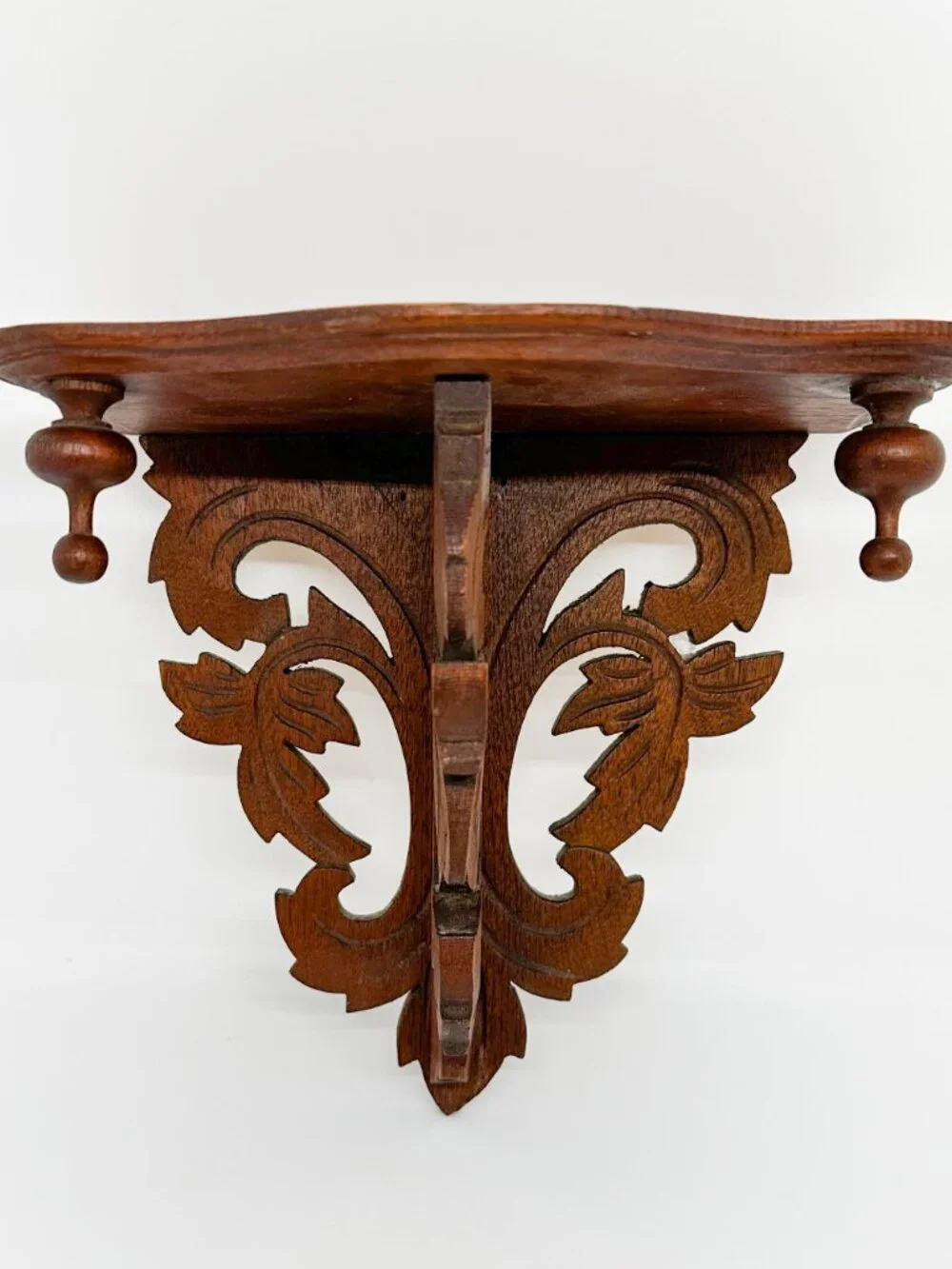 Vintage 70's MCM Wood Carved Wall Shelf Trinket Leaves Retro Cottagecore Nature